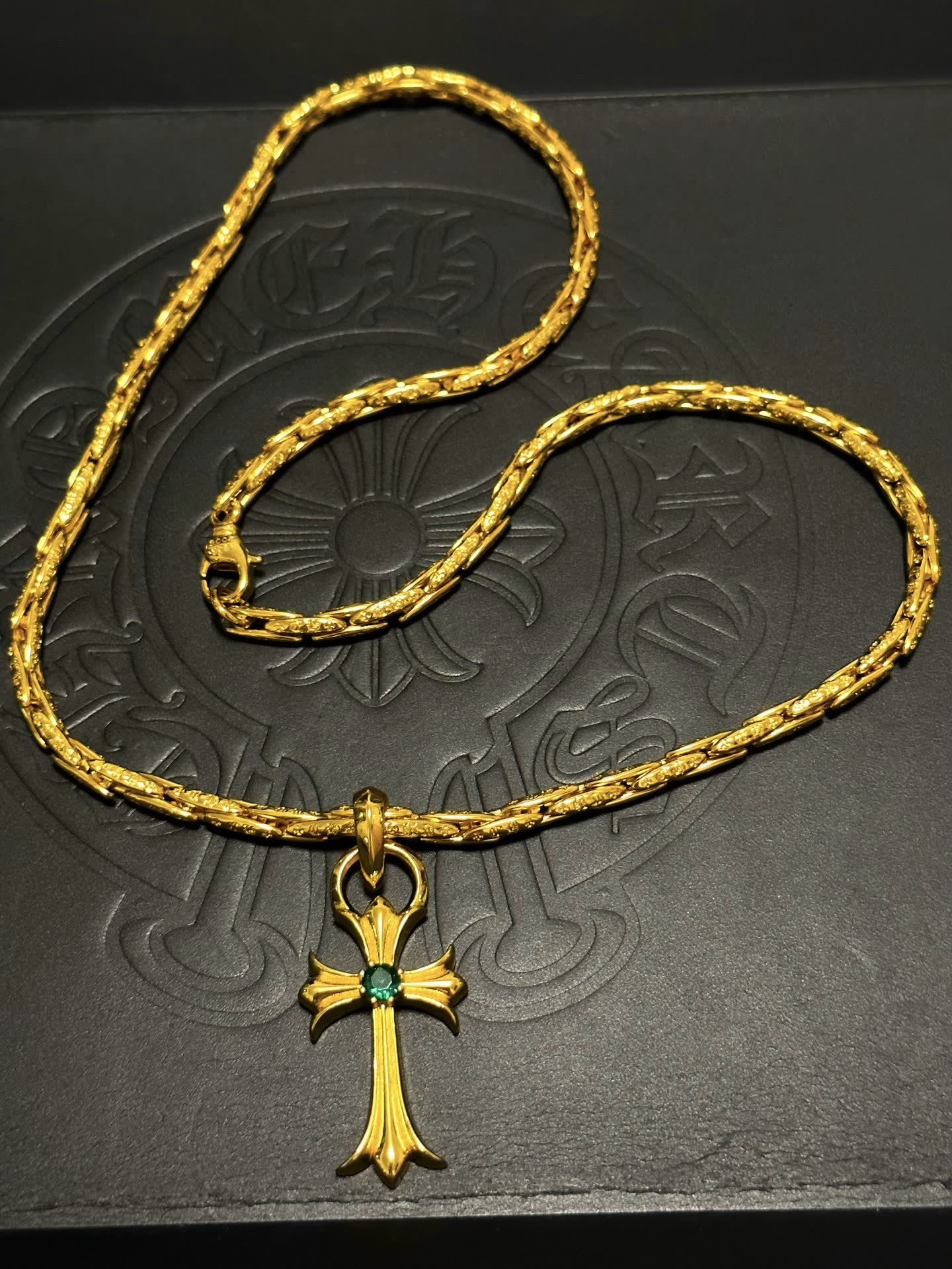 Chrome Hearts Gold Cross Pendant Necklace with Emerald